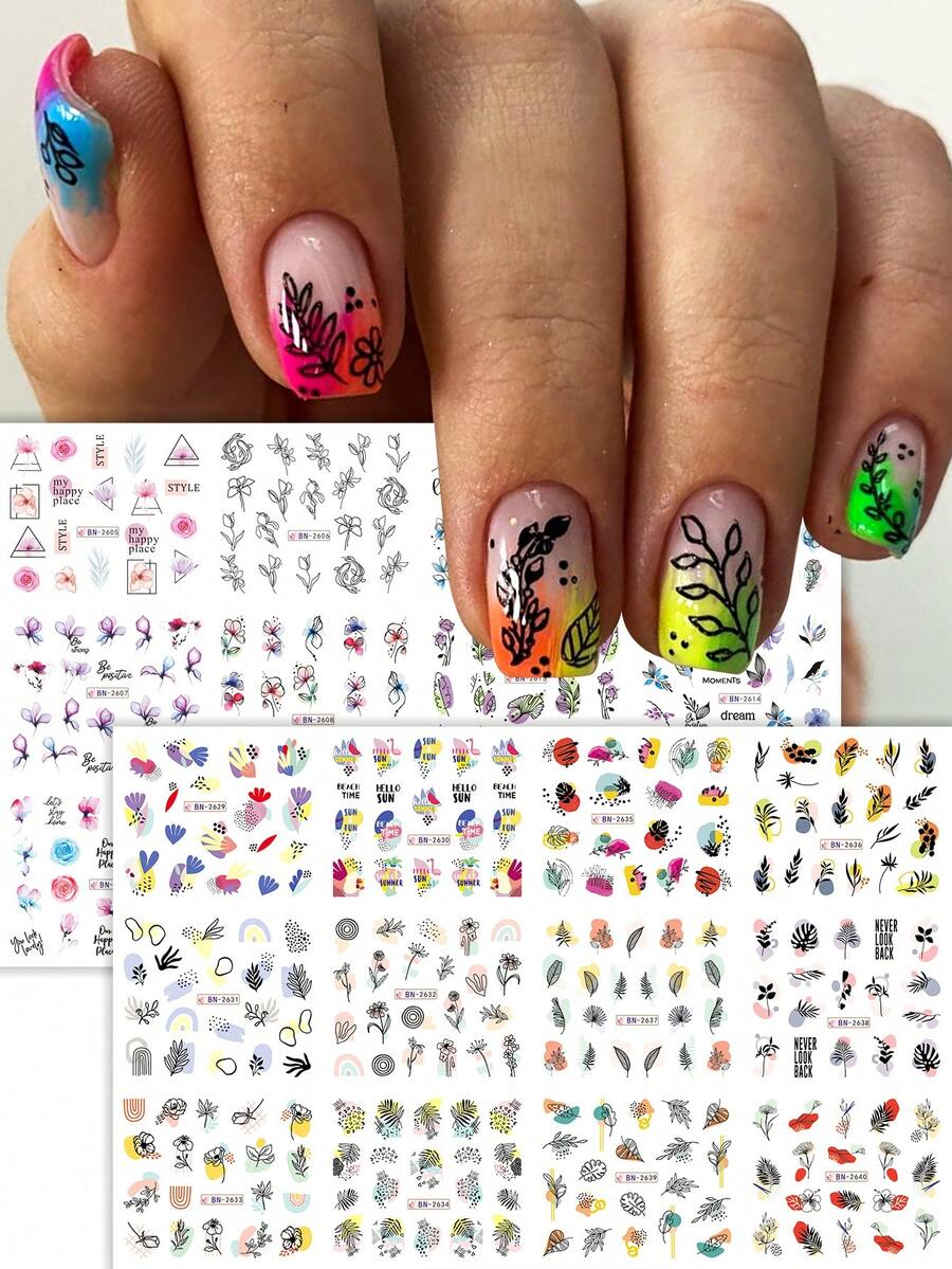 SWEET TREND 2 Peças Adesivos de Arte de Unhas com Plantas Florais em Aquarela Grandes, Decalques de Unhas com Transferência de Água, Adesivos de Unhas com Flores e Folhas Minimalistas com Transferência de Água, Suprimentos de Decoração de Unhas DIY - Multicolorido - Visão 1