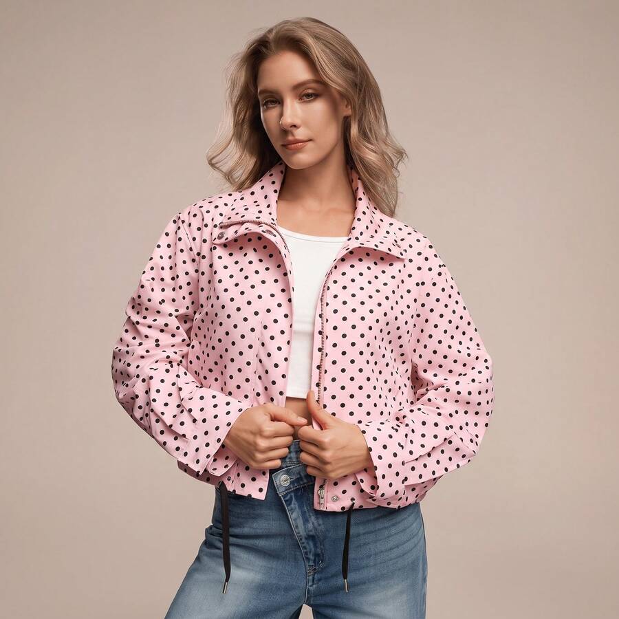 HZXVIC Women's New Spring Style Contrast-Colored Polka Dot Casual Jacket With Drawstring, Zipper, Ribbed Stand Collar, And College Style Vacation Pink