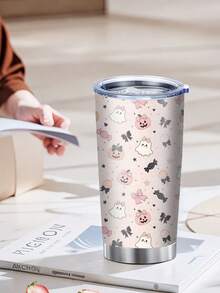 1 pieza/5 piezas Vaso térmico de 20 oz con tema de Halloween rosa lindo, estampado completo de fantasma de dibujos animados lindo, calabaza, lazo y caramelo, taza de viaje con aislamiento al vacío premium, adecuado para amantes de Halloween, viajes por carretera y regalos festivos - Rosa - Elementos de Halloween - Ver 9