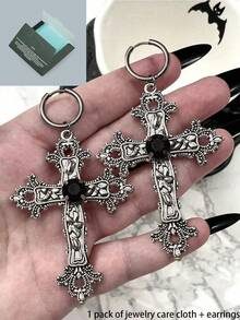 2 piezas Pendientes de cruz de estilo gótico con exagerados cristales de plata, combinados con accesorios de punk rock negro para Halloween - gótico - Ver 16