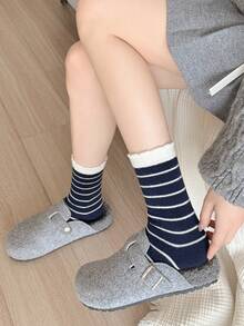 3 Pairs Random Assorted Unisex Ruffle Cuff Socks, Black White Navy Fine Horizontal Striped, Skin-Friendly Durable Comfortable Breathable Korean Vintage Style Mid-Calf Socks For Daily Home Commute Holiday Gift Office - Multicolor - View 3