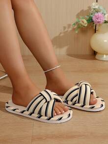 Women's Cross Strap Striped Slippers, Summer Breathable Open Toe Home Slippers, Non-Slip Soft Sole Indoor/Outdoor Dual Use, Multi-Color Options - White - View 5