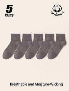 5 Pairs Men's Cotton Crew Socks, Vertical Rib Mesh Breathable Mid Calf Socks, Moisture Wicking Odor Resistant Solid Neutral Color Daily Casual Socks - Multicolor - View 12