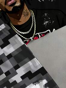 Men's 2-Piece Outfit, Plus Size, Men's Shorts, Men's Patterned Shirt, Streetwear "Hip Hop Men, Black + Gray Camouflage" Pattern Sports Set - Polyester Fabric, Drawstring, Pockets, Suitable For Plus Size Body - black gray - View 5