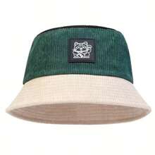 1pc Contrast Color Lucky Cat Logo Corduroy Bucket Hat - White - View 2