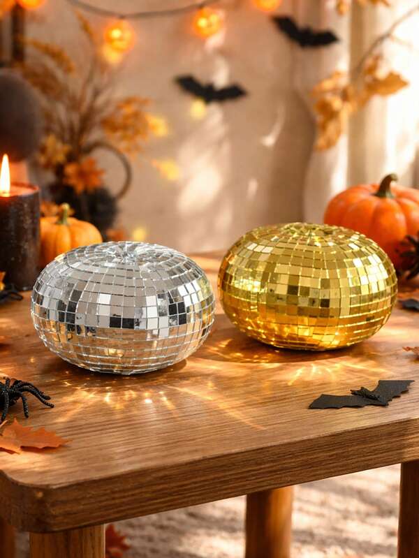 1pc Halloween Gold Silver Disco Mirror Mosaic Pumpkin Figurine Set Shiny Reflective Jack O Lantern Statue Spooky Mantel Fireplace Shelf Decor Holiday Bar Cafe Haunted House Party Entryway Photo Backdrop Autumn Home Indoor Festival Ornament Decoration