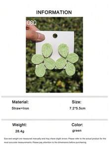 OOQ 1對極簡風4瓣花朵水滴手工拉菲草耳環，優雅清新純色誇張百搭女款耳環，適合日常配戴與任何節日禮物 - 綠色 - 查看 6
