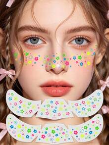 2 piezas Pegatinas de tatuaje de pecas con flores que brillan en la oscuridad y neón, pegatinas faciales florales que brillan en la oscuridad, tatuajes de pecas, tatuajes falsos para fiestas y uso diario - Multicolor - Ver 13