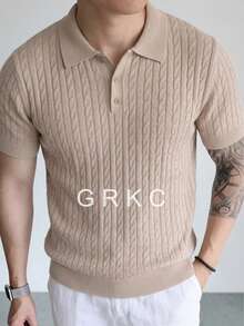 GRKC Men's Polo Shirt, Collared Short Sleeve Knit, Simple Commuter Style, Solid Color Cable Knit Base Layer, Spring/Summer - Light Grey - View 4