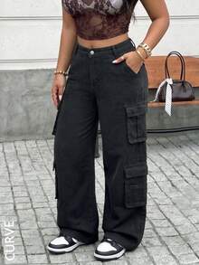 Women's Plus Size Loose Denim Cargo Pants, Versatile Y2K Style Straight Leg Pants, With Pockets, Button And Zipper Fly, Non-Stretch - Black - View 5