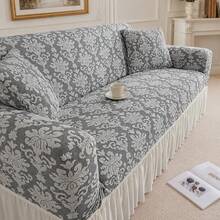 1pc Vintage Jacquard Pattern Skirted Full Coverage Elastic Sofa Cover, Dust-Proof And Stain-Resistant, Stretchable One-Piece Full Coverage Sofa Protector, Living Room Home Decor, Machine Washable And Hand Washable, Pillow Case Not Included - Grey - View 10