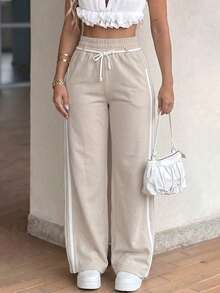 Vaiaye Women's High Waist Drawstring Striped Wide Leg Pants, Solid Khaki Color Loose Casual Long Pants, Comfortable And Soft, Suitable For Gym Fitness And Daily Street Wear - Light Khaki - View 3