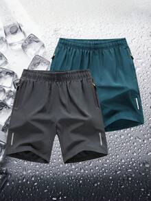 2 piezas Pantalones cortos deportivos casuales sueltos de alto rendimiento de secado rápido para hombres, con diseño de franja reflectante, bolsillos, cremallera y cordón en la cintura - Multicolor - Ver 2