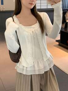 Women's New Autumn 2 In 1 Patchwork Design Long Sleeve T-Shirt With Lace Trim And Tie Detail - White - View 3