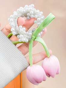 3/1Pc Tulip Pearl Hair Scrunchies, High Elasticity Hair Ties, Sweet And Cute Hair Accessories - Suitable For Girls And Teenagers, Perfect For Daily Wear, School, Vacation, Commuting, Spring Outings, Photography And More - Multicolor - View 4