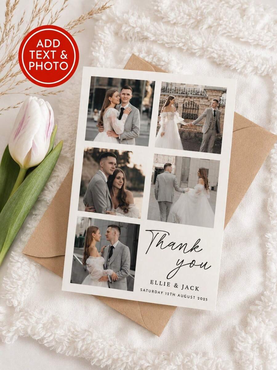 Custom Photo Card Wedding Thank You Card, 6-Grid Multi-Photo Collage Layout, Personalized Couple Names, Wedding Date And Text, Modern Minimalist Paper Card, Suitable For Bride's Gift Thank You Card - Multicolor - View 1