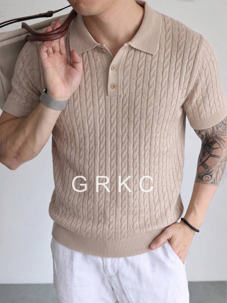 GRKC Men's Polo Shirt, Collared Short Sleeve Knit, Simple Commuter Style, Solid Color Cable Knit Base Layer, Spring/Summer - Light Grey - View 1