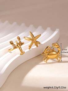 Beach Vacation Style Stainless Steel 18K Gold Plated Ring Set, 3D Starfish Crab Lobster Combination Open Adjustable Fun Hand Jewelry - Multicolor - View 4