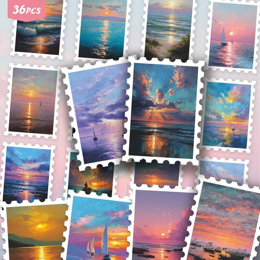 36PCS Vintage Seascape Sunset Stickers, Retro Oil Painting Style & Ocean View Aesthetic Cutout Sticker Set For Journals, Scrapbook, Planner & Collage - Stamp - View 1