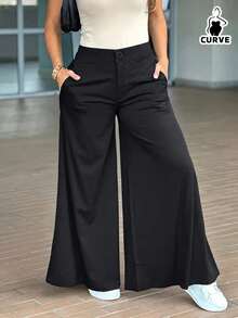 Plus Size Woven Wide Leg Long Pants With Button & Zipper Detail, Chic And Comfortable Non-Stretch Trouser For Everyday Wear Black - Black - View 3