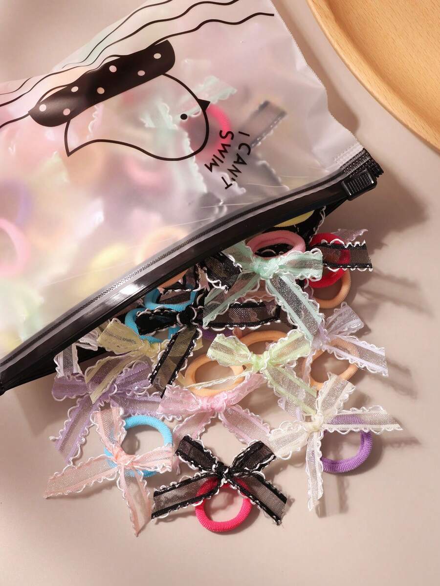 10/20/30入 女用馬卡龍色蕾絲蝴蝶結髮圈 毛巾髮圈髮帶 日系甜美可愛馬尾髮圈 橡皮筋 芭蕾舞風小公主髮飾(隨機顏色與款式) - 多色 - 查看 1