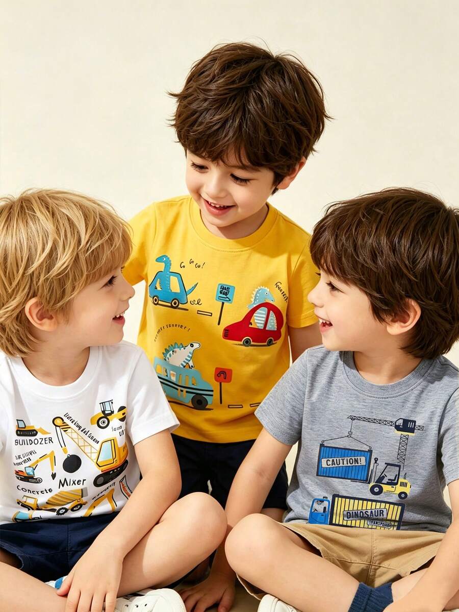 3pcs/Set Young Boy Casual Short Sleeve T-Shirt Top, Cartoon Excavator Print, Fashion Summer - Multicolor - View 1