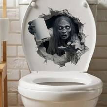 1PC 2D Broken Wall Ghost Bathroom Wall Sticker, Self Adhesive Horror Zombie With Toilet Paper Decal, Halloween Prank Decor For Restroom Tile - 1PC - View 3