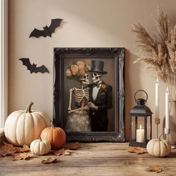 1pc Frameless Vintage Dark Academia Skull Bride Groom Wedding Halloween Wall Art Print, Gothic Romantic Decor For Bedroom Dorm, Back To School Funky Gift