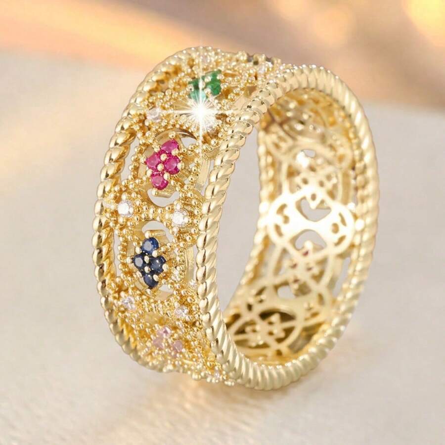 1 buah Cincin Wanita dengan Desain Bunga Berongga Geometris dan Hiasan Batu Zirkonia Kubik - MultiWarna - View 1