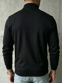 Sweater Polo Pria Musim Gugur/Dingin Serbaguna Bergaris Potongan Slim Fit Bahu Reguler Kerah Resleting Lengan Panjang - Hitam - View 7