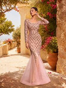 VIPGIRL Elegant Pink Sequin Mermaid Evening Gown, Long Sleeve Backless Mesh Patchwork, Formal Ball Dress, Luxury Party Long Dress - Apricot - View 4