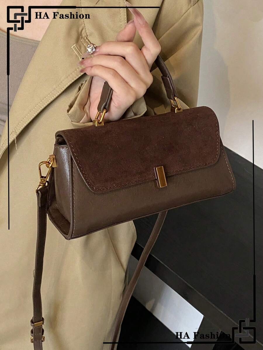 1 件女士复古绒面时尚手提包,PU 拼接单肩包,小方形日常工作钱包,商务休闲女包,非常适合办公室商务和工作,新款秋冬女包,最佳秋季钱包,最新时尚女士绒面包,与秋季服装完美搭配女士秋季服装 - 咖啡棕 - 查看 1