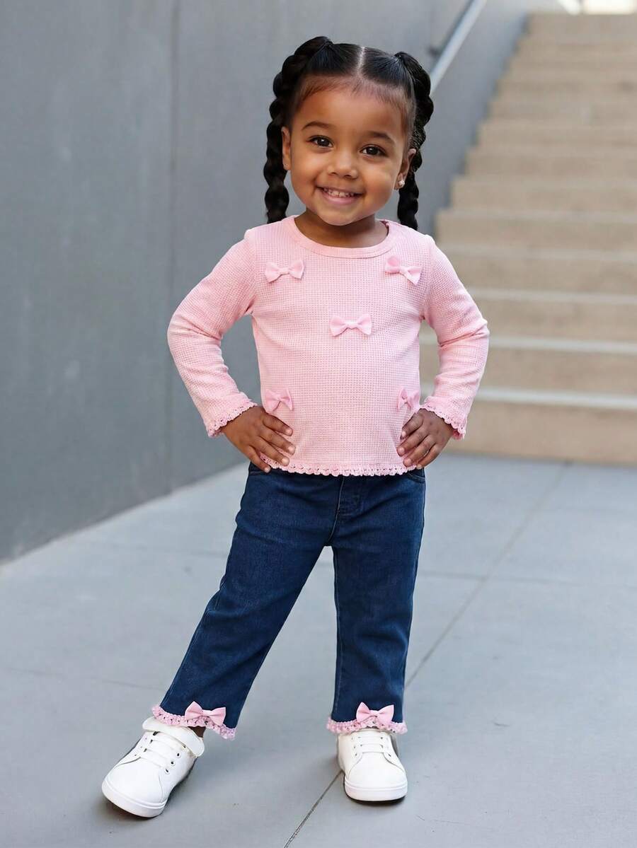 2pcs Baby Girl Fashionable Minimalist Bohemian Style Set: 3D Bow Decor Fringe Trim Crew Neck Long Sleeve T-Shirt Top And 3D Bow Decor Elastic Waist Denim Pants - Pink - View 1
