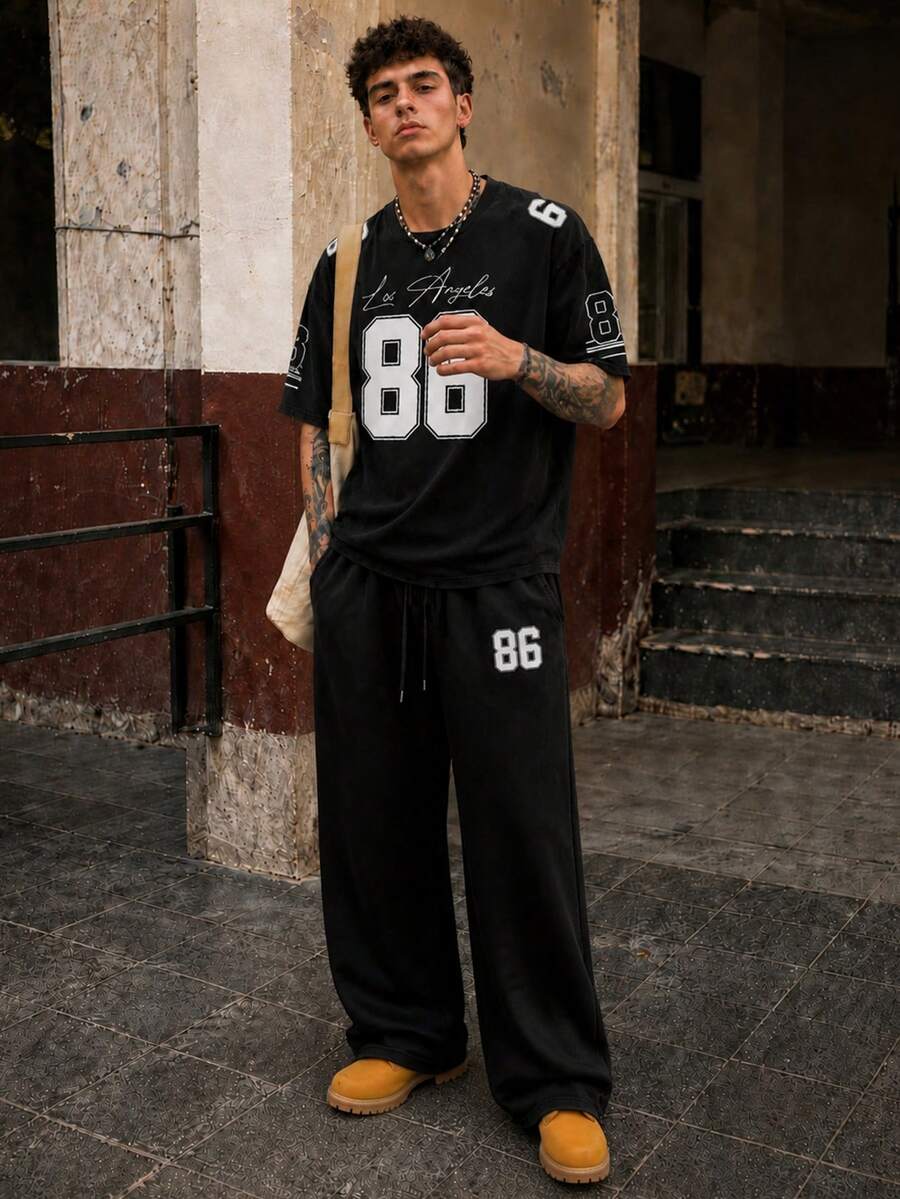 Fractyr Men's Street Casual 2 Pieces Set, Black Loose T-Shirt With LA Calligraphy '86' Sleeve Print + Drawstring Waist Pants, Retro Sporty Style - Black - View 1