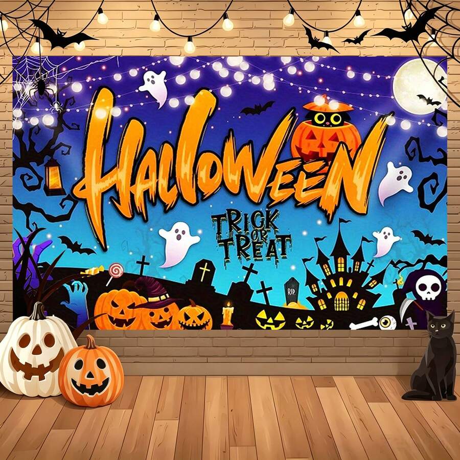1pc Halloween Horror Backdrop - Ghost Cemetery Scene With Pumpkin Lanterns, Bats, Ghosts, Tombstones - "Trick Or Treat" Text Design, Suitable For Haunted House Events, Parties, Carnivals And Photography Backgrounds, Yard, Garage, Indoor/Outdoor Party Decorations, Holiday Celebrations, Halloween Decor, Scene Setup, Atmosphere Decoration Supplies - Multicolor - View 1