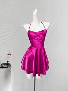 1pc Sexy Satin Backless Halter Neck Elegant Pleated Dress, Suitable For Bar, Party, Home Summer - Hot Pink - View 7
