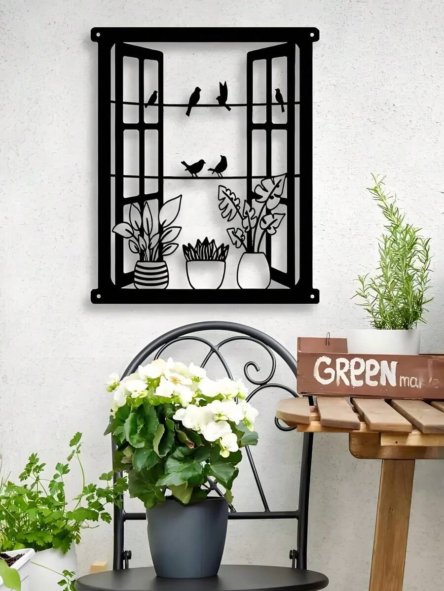 Window Frame Potted Plant Bird Silhouette Iron Wall Decor, Square Frame Window Edge Greenery Flying Bird Metal Wall Hanging, Wabi-Sabi Style Courtyard Balcony Living Room Artistic Wall Decoration - Multicolor - View 1