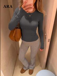 ARA CHIC Women's Black Round Neck Fitted Long Sleeve T-Shirt, Slim Fit, High Elasticity, Skin-Friendly Base Layer, 2026 Fall/Winter New Arrival - Dark Grey - View 1