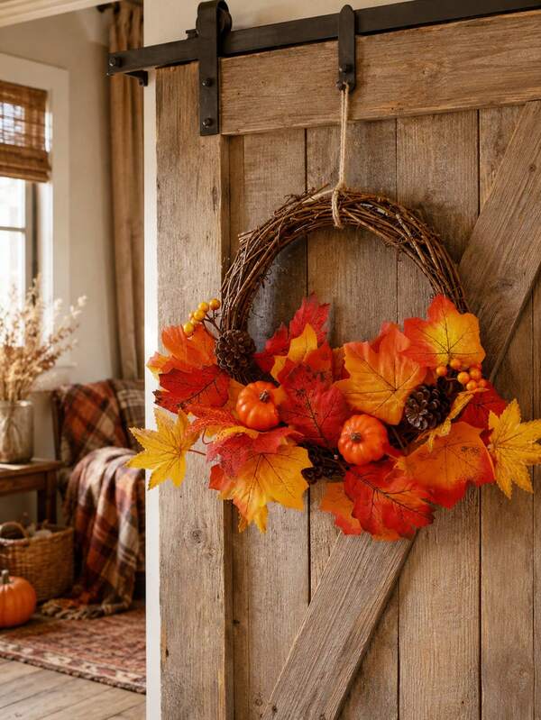 1pc Pumpkin Pine Cone Maple Leaf Berry Autumn Wreath, Woven Willow Artificial Rustic Style Red Orange Yellow Front Door Hanging Decor, Halloween Thanksgiving Harvest Autumn Indoor Outdoor Porch Wall Fireplace Home Holiday Decoration