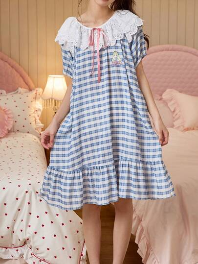 Gongdie Disney Alice Nightdress,Summer Soft Comfortable Cotton With Blue Gingham And Bow Detail Ruffled Hem Loungewear
