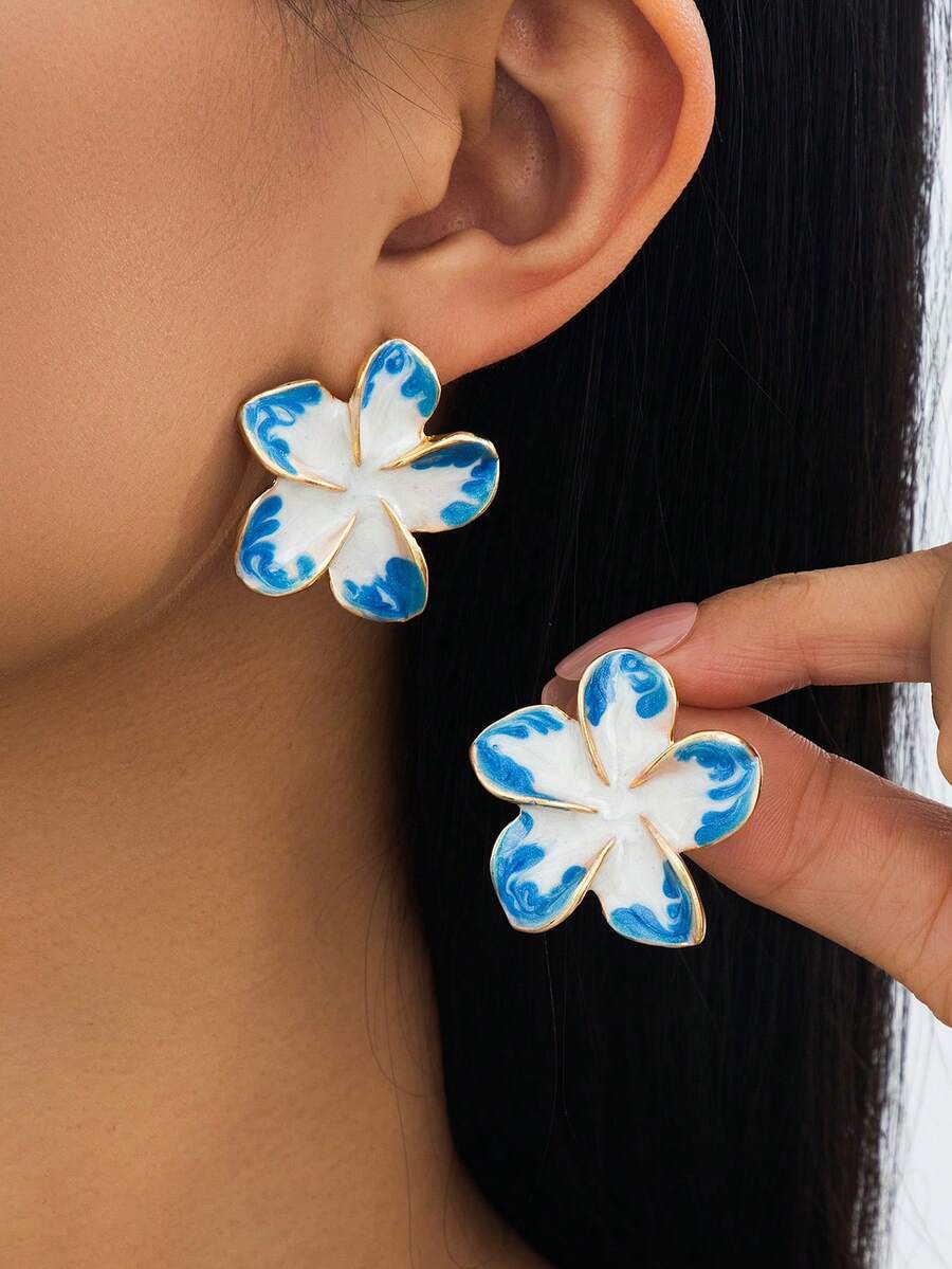 1對夏季度假海灘風浪漫優雅精緻奢華手工滴油漸層紮染藍白扶桑花耳釘耳環,適合女性 - 彩色 - 查看 1