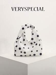 1 buah Tas Tangan Kulit PU Lembut Motif Polkadot Putih dengan Detail Kerut, Tas Tote Wanita Minimalis Model Patchwork untuk Kerja dan Perjalanan - Putih - View 10