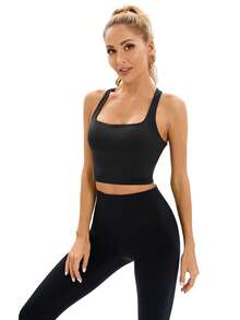Professional Back-Shaping Sports Bra For Women: Shock-Absorbing, Cross-Back Straps, Running And Fitness Bra, Sexy Yoga Tank Top With Removable Pads - Black - View 2