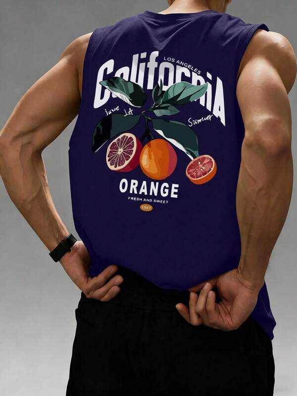 Men's Fashion Casual Versatile Orange Print Crew Neck Sleeveless Simple Tank Top
