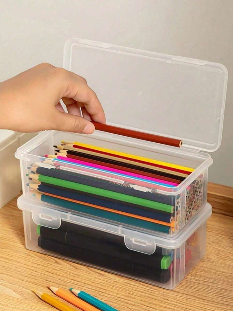1pc Large Transparent PP Storage Box With Lid, Lightweight Uncoated Surface, Suitable For Office/Study Supplies, Pens, Pencils, Markers, Crafts, Desktop Organization, Cosmetics, Jewelry, Minimalist Style, Portable, Random Color (Box Only) - A - View 1