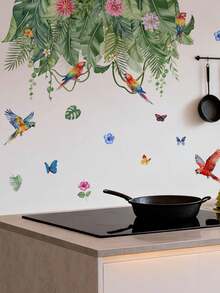 1pc Tropical Vine Parrot Flower Butterfly Wall Decor Sticker, Removable Room Decoration Wall Decal For Bedroom And Living Room - 1PC - View 2