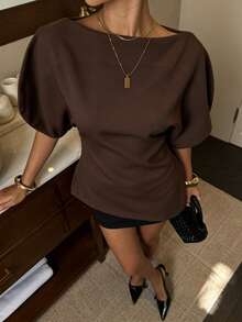 DEEKA Women's Fashionable Puff Sleeve Casual Top, European And American Style, Spring/Summer Brown - Brown - View 3