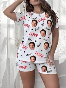 Women's Customized Round Neck Short Sleeve Top And Elastic Waist Shorts Loungewear Set, White, With Personalized Face, Red LOVE Letters And Black Heart - Multicolor - View 3