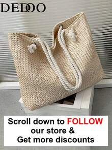 Dedoo Woven Large Capacity Tote Bag, Lightweight Shopping Shoulder Bag, Summer Women's Vacation Travel Essential Handbag Backpack - Beige - View 3