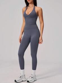 NcmRyu Women's One Set Solid Color Halter Neck Backless Tank Top Ribbed Waist Leggings Sports Set - Grey - View 9